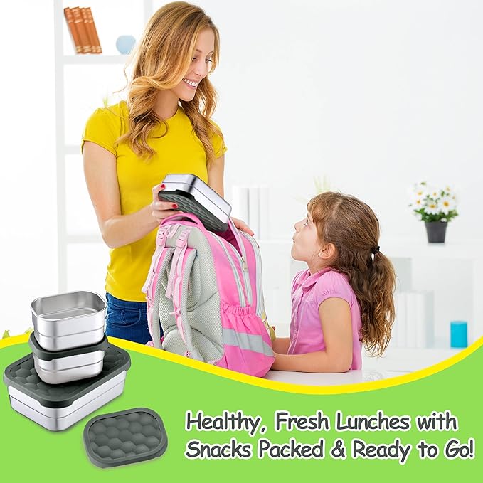 Homikit 3 Pack Kids Lunch Box Set, 18/10 Stainless Steel Bento Boxes with Silicone Lids Leak Proof, 5 Cups Reusable Metal Food Snack Containers for School Daycare, Nontoxic & Dishwasher Safe, Gray