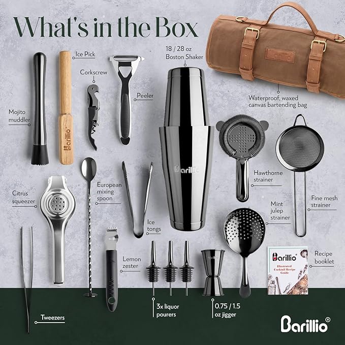 Barillio Bartender Kit Bag with Black Cocktail Shaker Set - Waxed Canvas, Traveling Bar Tools Bag with 17-Pc Cocktail Kit - Travel Mixology Bartending Kits - Mobile Bar Roll with Strap & Accessories