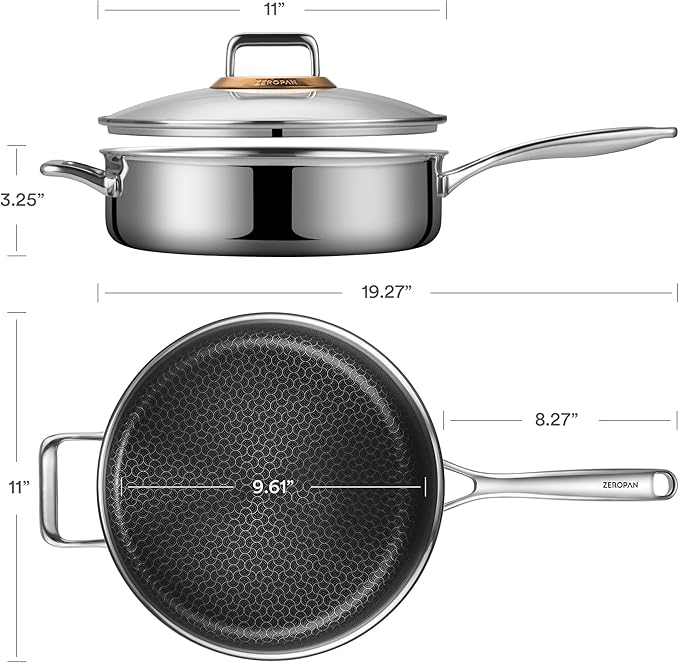 Hybrid Nonstick 5-Quart Sauté Pan,Frying Pans Nonstick with Lid,Stay-Cool Handle,11 Inch Deep Frying Pan,PFAS PFOA PTFE Free,Dishwasher-Friendly,Oven-Safe,Compatible with All Cooktops