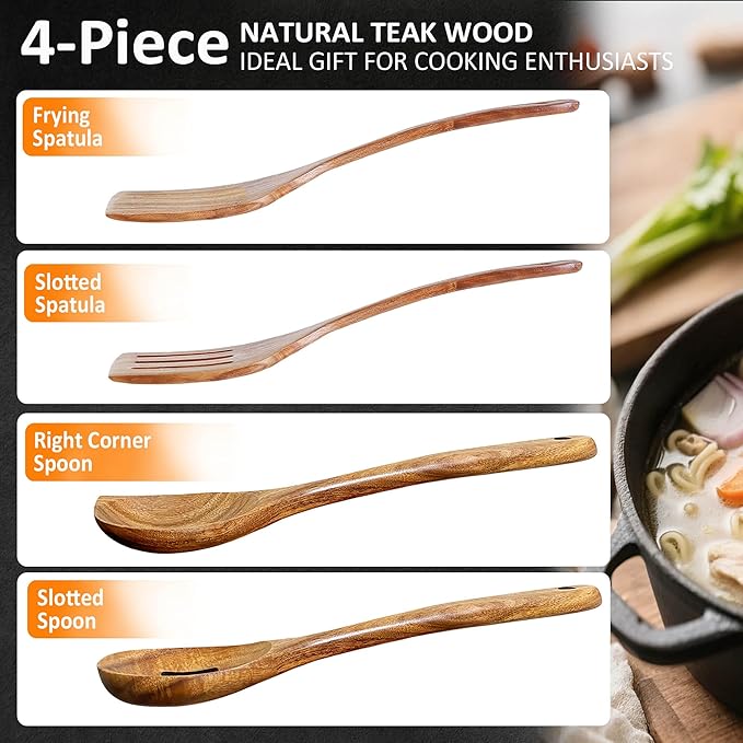 Wooden Spoons for Cooking, 4 Piece Natural Premium Teak Wooden Cooking Utensils Set, Heat Resistant Large Kitchen Wooden Spoons and Wooden Spatula for Nonstick Cookware Cooking Gifts