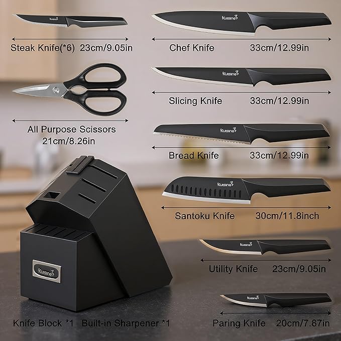 KUISINE Upgraded Chef Knife Set One Piece Molding High Carbon Stainless Steel,Super Sharp Blade Ergonomic Steel Handle,Knife Block Set with Built-in Sharpener(EX Black Pro,15PCS)