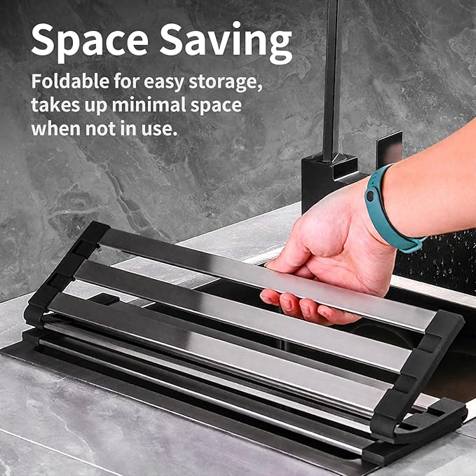 23.6" x 12.8" Roll-Up Dish Drying Rack Over Sink - Kitchen Sink Cover and Organizer Gadget with Foldable Stainless Steel Drainer and Sink Mat, Silver Dish Rack - Large