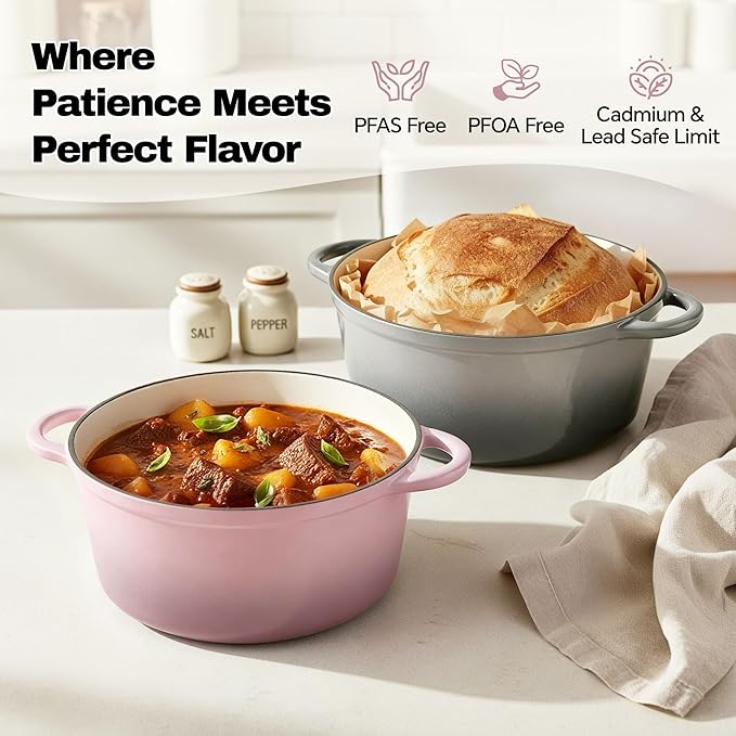 6 Quart Dutch Oven Pot with Lid, Non Stick Enameled Cast Iron Dutch Oven for Bread Baking, Heavy-Duty, Oven Safe Ceramic Cookware Up to 500°F for Baking, Braising, Stews, Roasting, Gray