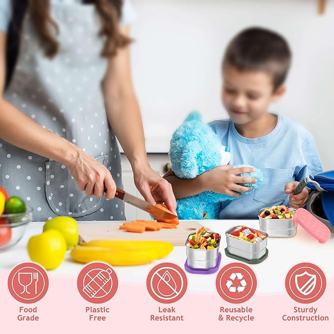 Homikit 3 Pack Snack Containers for Kids, 18/10 Stainless Steel Toddler Lunch Box with Silicone Lids, Reusable Bento Food Container Set for School Daycare, Nontoxic & Leak Proof, Pink/Purple/Gray