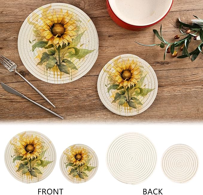 Sunflower Watercolor Kitchen Trivets Pot Holders Set of 2, Trivets for Hot Pots Dishes Woven Trivet Coaster Pad Mat for Counter