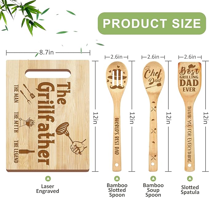 Dad Gifts, Christmas Dad Gifts from Daughter Son, Wooden Cutting Board Utensils Set with Apron, Great Daddy Christmas Stocking Stuffer Father's Day Birthday Kitchen Present
