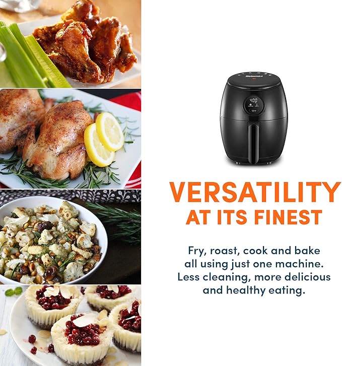 Elite Gourmet EAF2612D Personal 2.1Qt Compact Space Saving Programmable Hot Air Fryer, Oil-Less Healthy Cooker, Timer & Temperature Controls, 1000W, Black