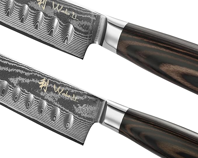 Wakoli EDIB 2-Piece Damascus Kitchen Knife Set – Santoku & Small Santoku with VG10 Core made of 67-Layer Damascus Steel Blades – Professional Chef Knives with Ergonomic Pakkawood Handles in Gift Box
