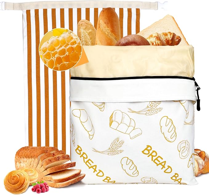 2 Pack Beeswax Bread Bag Reusable Bag for Sourdough, Extra Large Bread Bags for Homemade Bread, Cotton Bread Storage Bag for Keep Fresh