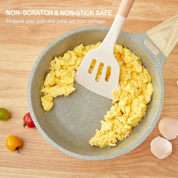Kitchen Utensils Set - 7 PCS Non-Stick Silicone Cooking Utensils Set with Wooden Handle,Kitchen Gadgets Tools Set for Nonstick Cookware (Cream White-7Max)