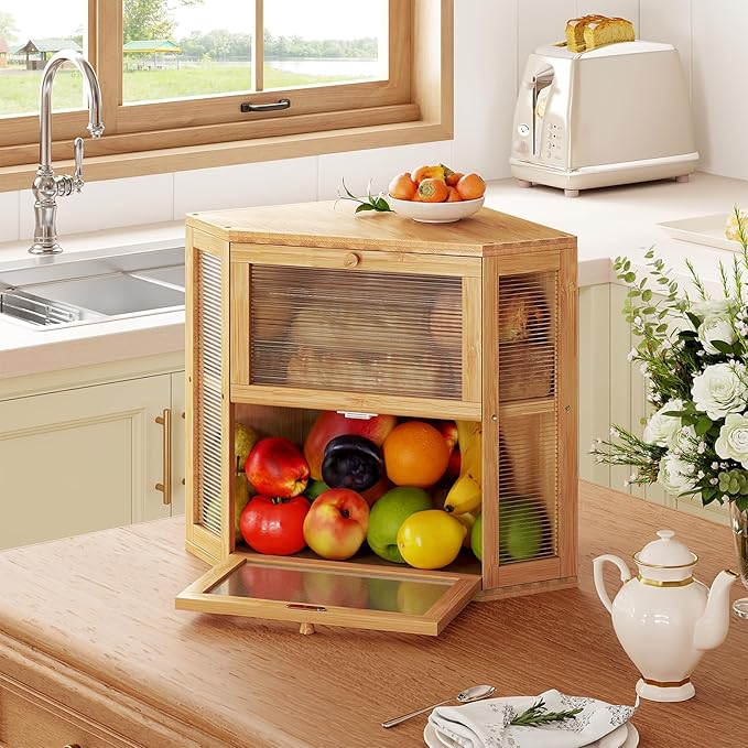 WOWLIVE Corner Bread Box for Kitchen Countertop, Double Layer Bamboo Bread Storage Container, Large Farmhouse Bread box with Acrylic Wavy Door Panel, Under Cabinet Organizer (Natural, Medium)