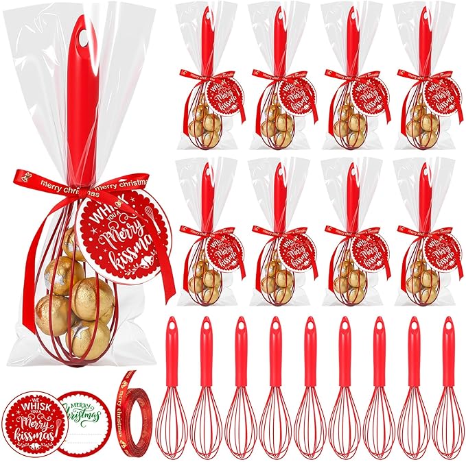 12 Set 10 Inch Christmas Whisks Gifts DIY Fillable Red Baking Supplies Christmas Tree Ornaments Xmas Colored Silicone Whisks with Cards Cooking Heat Resistant Egg Beaters Kitchen Favors