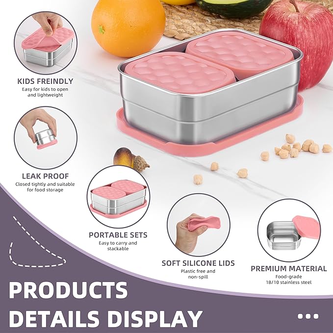 HaWare 8oz*2+25oz Stainless Steel Lunch Box for Kids, Leak Proof Lunch Container with Silicone Lids, Easy Open Food Storage Bento Box for School and Daycare, Dishwasher Safe