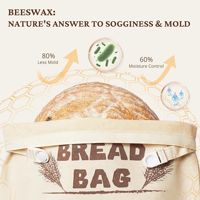 BRONYPRO Beeswax Linen Bread Bags for Sourdough, 2 Pack XL Reusable Waxed Bags for Homemade Bread Rounds, Breathable Sourdough Loaf Storage, Eco-friendly & Long-latsing, Beige