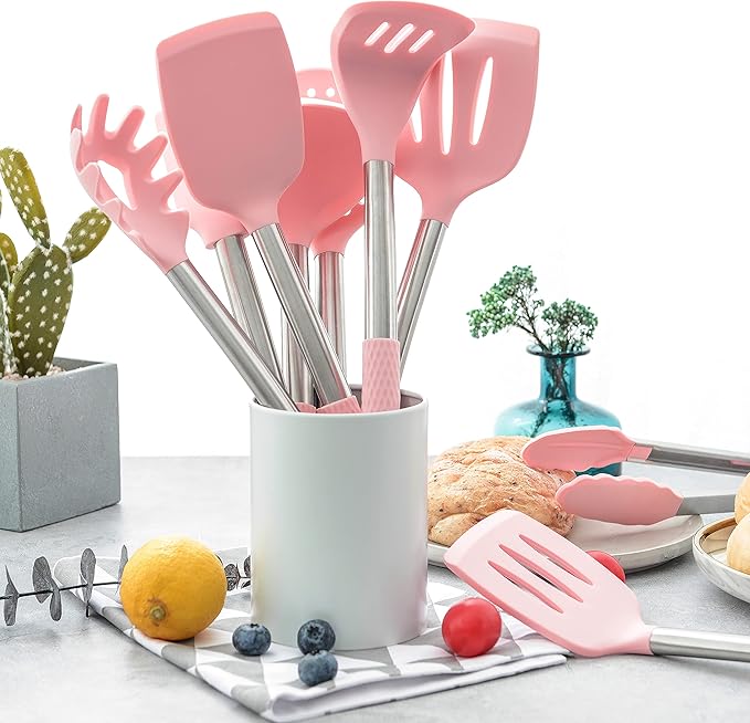 Rorence Kitchen Utensil Cooking Utensil Set for Baking Mixing: 12 Pieces Kitchen Gadgets Non-Stick & Heat Resistance Silicon and Stainless Steel Handles (Utensil Holder Not Included) - Pink