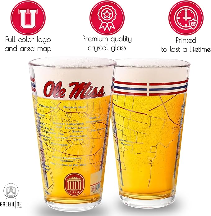 Greenline Goods – University of Mississippi Rebels College Pint Beer Glasses (Set of 2), 16 oz – Full-Color Logo + Campus Map