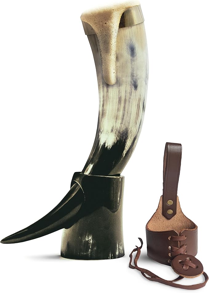 Norse Tradesman Genuine 12" Ox-Horn Viking Drinking Horn with Brass Rim, Fitted Stand & Burlap Gift Sack - The Classic, 12-Inches, High Polish