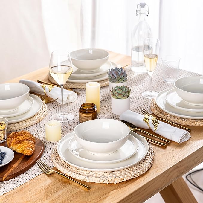 LERATIO Ceramic Dinnerware Sets for 4,Porcelain Plates and Bowls Sets with Wavy Edge,Microwave & Dishwasher & Oven Safe,Light Weight & Scratch Resistant Dishes Sets