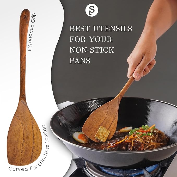 SHUMARU 11-Piece Handmade Teak Utensil Set – Premium Old Bali Teak Wooden Cooking Spoons & Spatulas, Eco-Friendly & Ergonomic Kitchen Tools Safe for Non-Stick Cookware