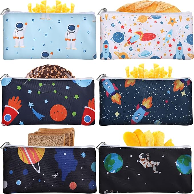 Chumia 6 Pcs Reusable Snack Bags Christmas Gifts Food Safety Washable Snack Bags Lunch with Zipper Portable Sandwich Bag Food Storage Pouch Double Layer(Astronaut,6.9 x 3.7 Inches)