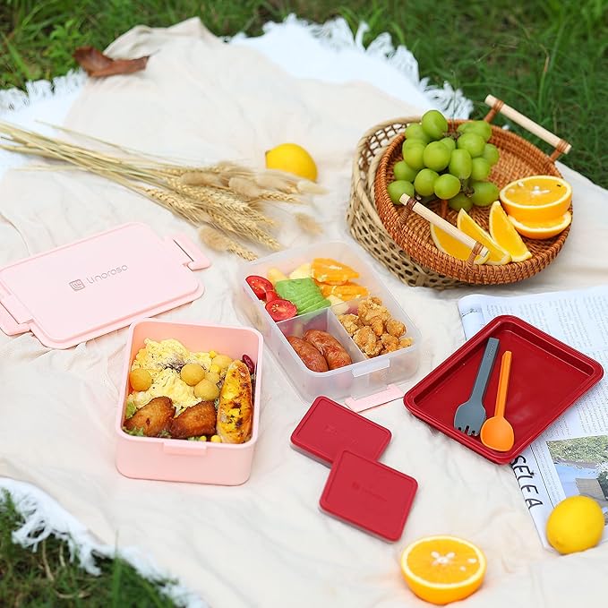 linoroso Stackable Bento Box Adult Lunch Box | Meet All You On-the-Go Needs for Food, Salad and Snack Box, Premium Bento Lunch Box for Adults Include Utensil Set, Dressing Containers - Frozen Berry