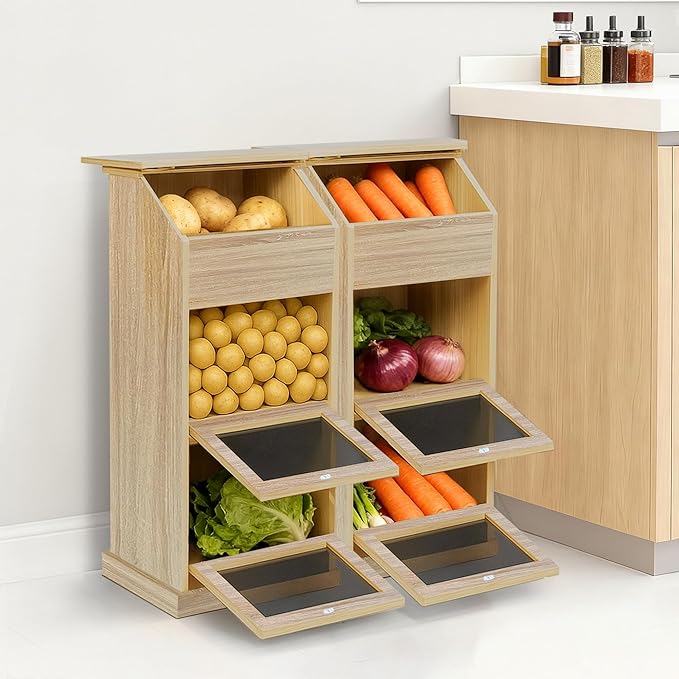 Potato Storage Bin, 3-Tier Potato and Onion Storage Bin with Lid, Wooden Bread Box for Fruit and Vegetable,Food Storage Containers for Kitchen Pantry (White Oak)