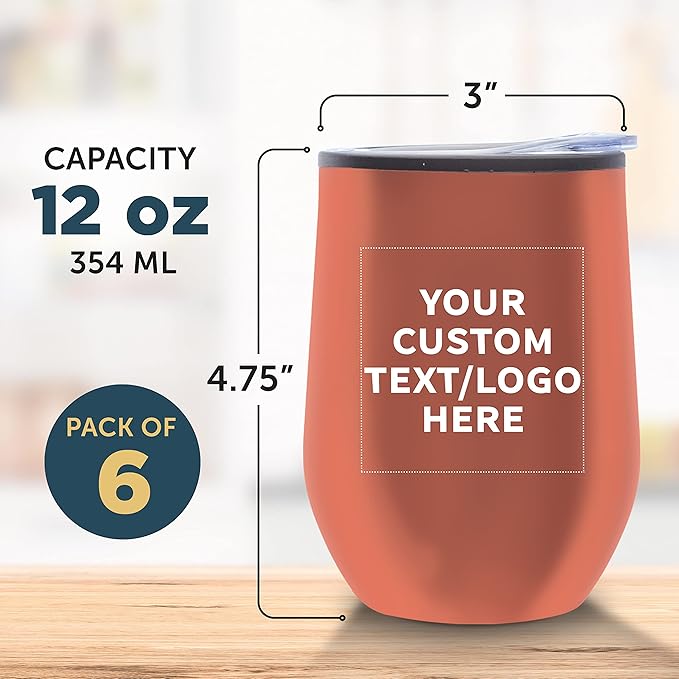 Custom Stemless Wine Tumblers 12 oz. Set of 6, Personalized Bulk Pack - Insulated, Perfect for Wine, Cocktails, Other Hot & Cold Beverages - Rose Gold