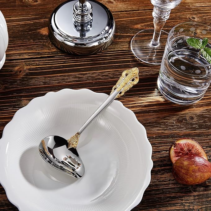 KEAWELL Luxury 7.3" Sauce Ladle, 18/10 Stainless Steel, Gold Accent, Small Gravy Spoon for Home. Solid and Sturdy, Dishwasher Safe (1)