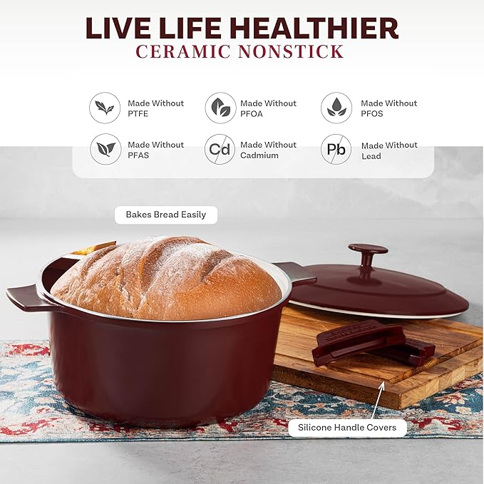 Gotham Steel 5 Qt Lightweight Dutch Oven Pot with Lid & Holders, Ceramic Non Toxic, Oven Safe & Even Heat Retaining Dutch Oven for Bread Baking Sourdough, Soup, Casserole, 70% Lighter than Cast Iron