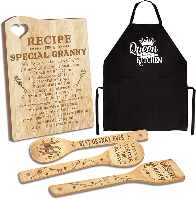 Christmas Granny Gifts, Gifts for Granny for Grandma Wooden Cutting Board with Cooking Utensils Set with Apron from Grandkids Kitchen Set