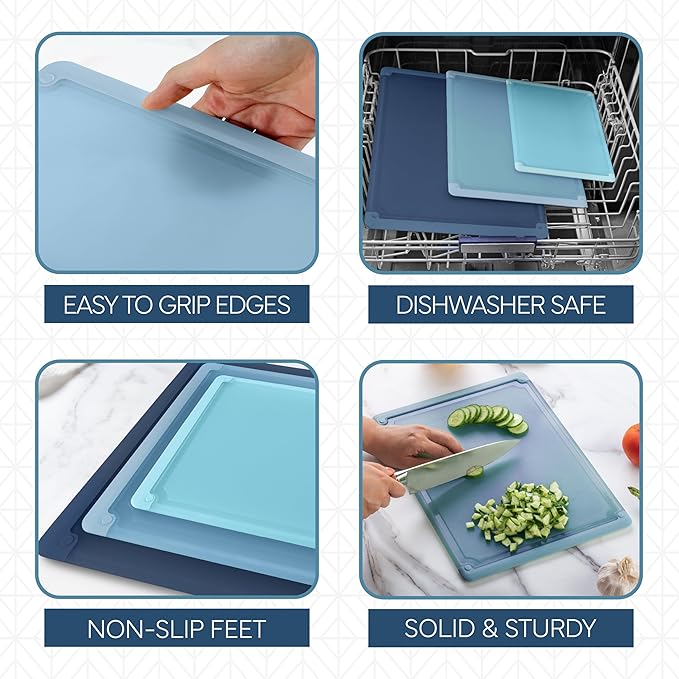 COOK WITH COLOR Extra Large Cutting Board Set, Jumbo-Sized Boards with Rubber Border for Enhanced Cooking Experience, 3-Piece, Blue