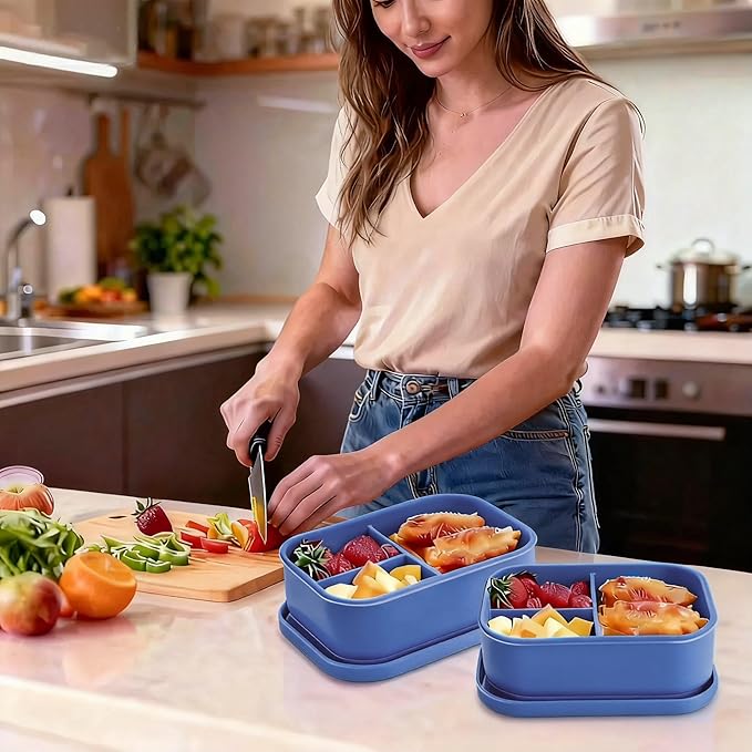 Silicone Adult Bento Box, 3 Compartment Leakproof Silicone Lunch Container, Lunch Box for Men and Women, BPA-Free, Microwave/Dishwasher/Freezer Safe, Reusable Snack Containers (3PCS-Royal Blue)