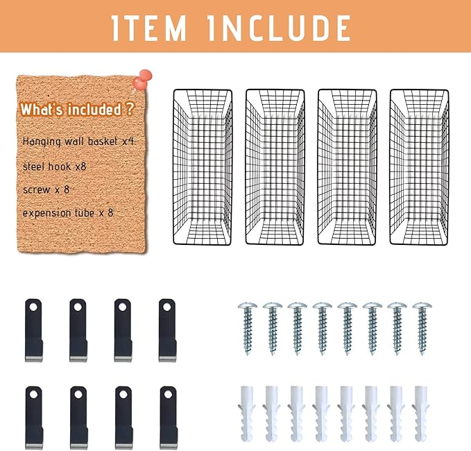 Wall Basket, 4 Set Extra Large Hanging Baskets for Organizing with Hooks, Rustic Farmhouse Decor, Wall Mount Metal Baskets for Bathroom Office Kitchen Cabinet Storage (Black)