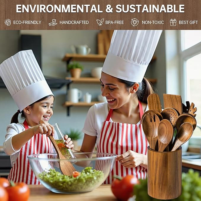 12 PCS Acacia Wooden Spoons for Cooking - Heat-Resistant, Comfort Grip,Easy to Clean, Non-stick Friendly - Kitchen Utensil Set with Holder, Spoon Rest & 6 Hooks, Ideal for Gifting