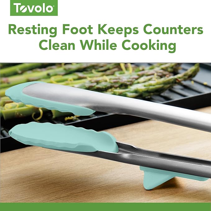 Tovolo Tongs With Silicone Tips Easy Grip 13” Long Kitchen Tongs Stainless Steel Handle For Cooking, Non Scratch Heat Resistant Metal Tongs Silicone Tipped Dishwasher Safe BPA Free Aqua Seafoam Green