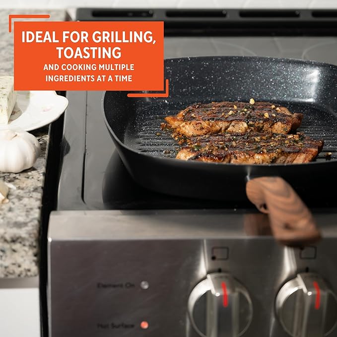 IMUSA 11-Inch PFAS Free Ceramic NonStick Grill Pan, Aluminum Griddle Pan with Cool-Touch WoodLook Handle, Large Cooking Surface for Burgers, Steaks, Vegetables, Sandwiches & BBQ
