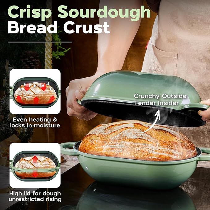 Onader Enameled Cast Iron Dutch Oven, 2.8QT Dutch Oven Pot with Lid for Sourdough Bread Baking, Oval Meatloaf Pan, Heavy Duty - Pistachio Green