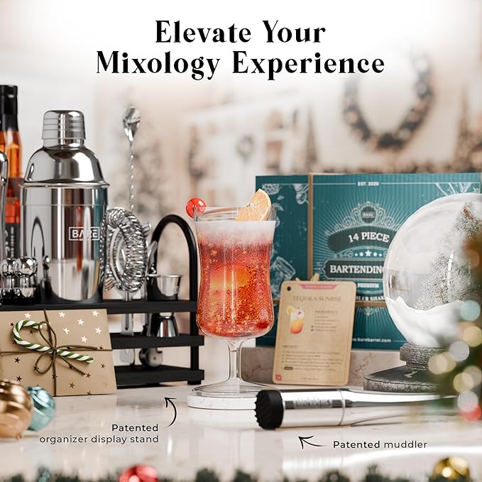 BARE BARREL® Mixology Bartender Kit Bar Set | 14-Piece Cocktail Shaker Set | Martini Barware Mixing Tools for Home Bartending | 35 Recipe Cards | Gift Set (24oz Cobbler Shaker, Silver/Black)