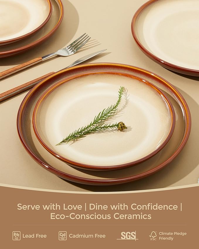 Stoneware Dinnerware Sets, Ceramic Plates and Bowls Set, Microwave & Dishwasher Safe Kitchen Dish Set, Modern Dinner Salad Plates | Cereal Bowls for 4, Dishware Sets Brown Yellow