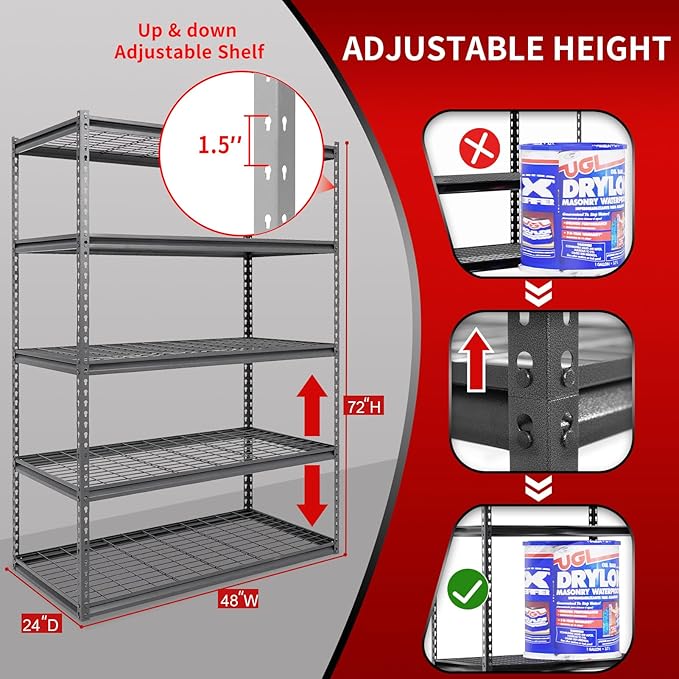 The Atlas 48" W x 24" D x 72" H Adjustable Garage Storage Shelves Load 4000 lbs, 5 Tier Heavy Duty Shelving Unit, Metal Utility Storage Rack for Warehouse Pantry Basement Kitchen, Dark Grey