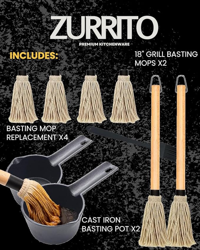 2x Cast Iron Sauce Pan Set - 2x 15oz Basting Pot with 18" BBQ Mop Brushes, Cast Iron Small Sauce Pots for Grilling, Melting, Camping Cooking & Stoves Butter Melter