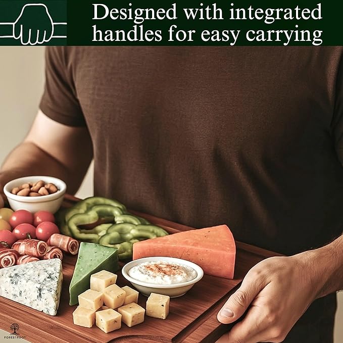 Bamboo Cutting Board Set – 3-Piece Wooden Kitchen Boards for Meal Prep & Serving – Durable Bamboo with Deep Juice Groove & Side Handles – Great for Meat, Vegetables & Charcuterie(Brown)