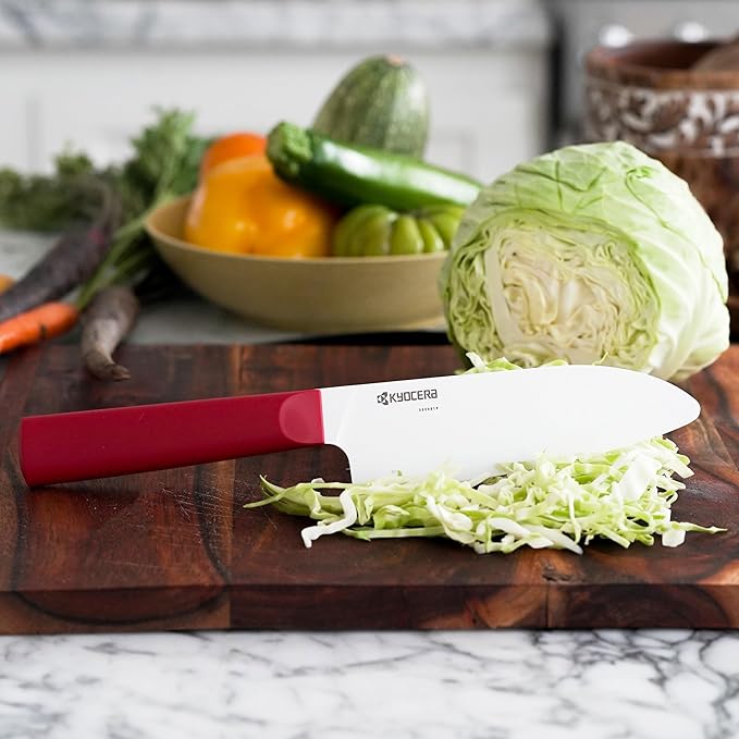 Kyocera INNOVATIONwhite 5.5" Ceramic Santoku Knife - White Z212 Blade with Non-Slip Red Handle
