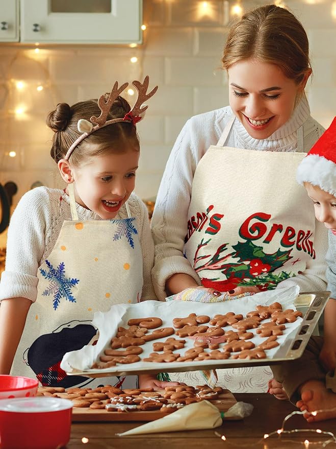 SATINIOR 4 Pcs 21.7" x 26.8" Christmas Aprons Adjustable Kitchen Aprons Xmas Plaid Merry Christmas Bib for Adults