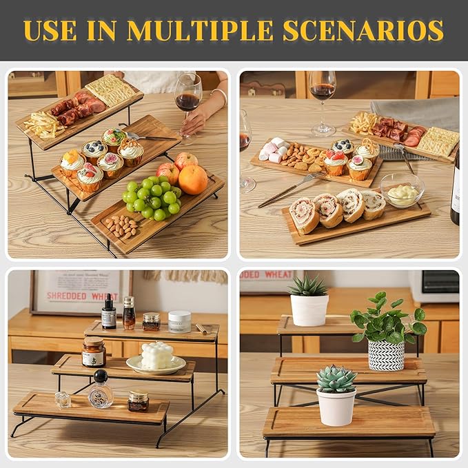 ZONEYILA 3 Tier Serving Stand with Wooden Serving Platter, 14 Inch Tier Serving Trays with Collapsible Sturdier Rack, Rectangle Cupcake Stand for Party