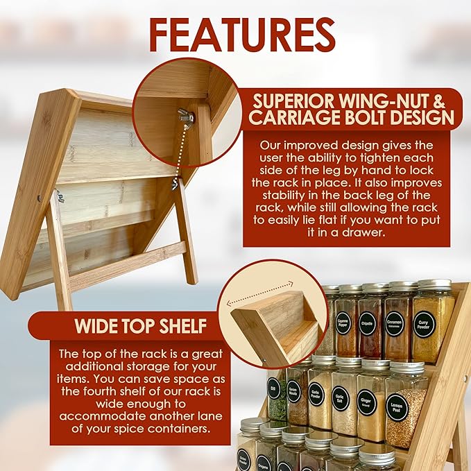 Bamboo Spice Rack and Organizer, 3-tier Seasoning Spice Jar Organizer, Excellent Tiered Wooden Spice Racks Free Standing for Cabinet Drawers and Countertop [Spice Jars Not Included]