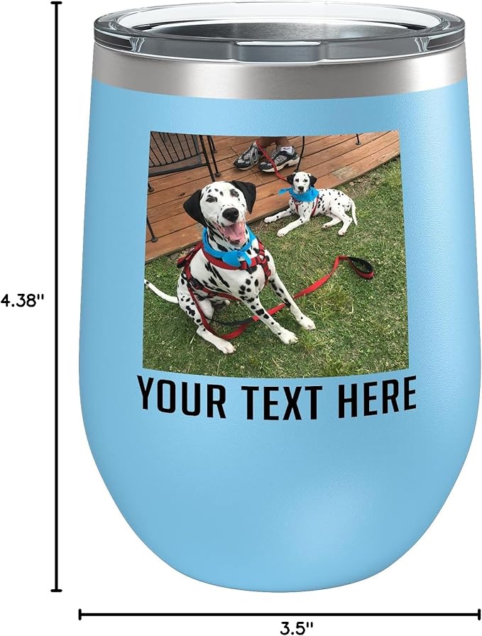 Personalized Mothers Day 12oz Photo Picture Printed Insulated Stainless Steel Powder Coated Stemless Wine Tumbler with Lid, Customized Mum Gift Idea Her, Custom Mom Coach Gifts Team (Light Blue)