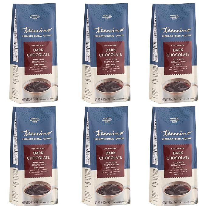 Teeccino Dark Chocolate Prebiotic SuperBoost™ Coffee Alternative - Support Probiotics with Caffeine-Free Herbal Coffee Featuring 3 Vegan Prebiotics for Gut Health, 10 Ounce, Pack of 6