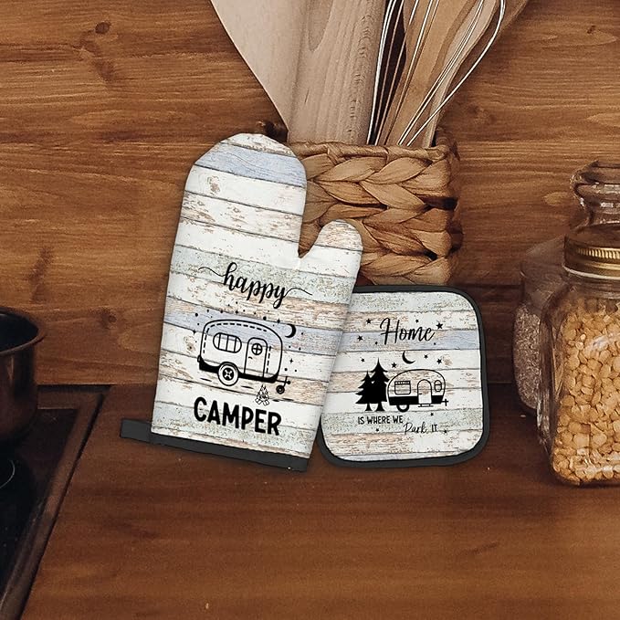 Camping Gifts Oven Mitts and Pot Holders Sets, Happy Camper Gifts Rv Kitchen Accessories Sets, Camping Themed Home is Where We Park It Heat Resistant Oven Glove Potholders for Kitchen Cooking