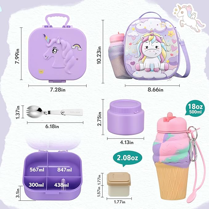Kids Lunch Box Set -12oz Insulated Food Jar, Thermal Bag,Leakproof Lunch Food Containers Cutlery (BPA Free)-Gift for Girls/Boys Age 3-10(Purple+Purple Jar)